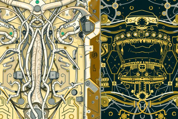 Futuristic mechanical design with contrasting halves featuring intricate elements.