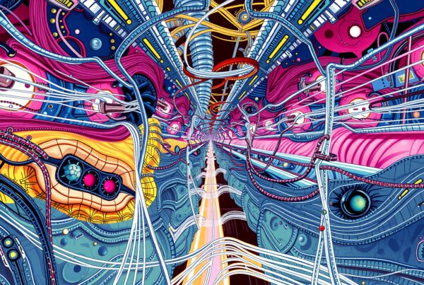 Futuristic abstract maze with colorful intertwining cables.