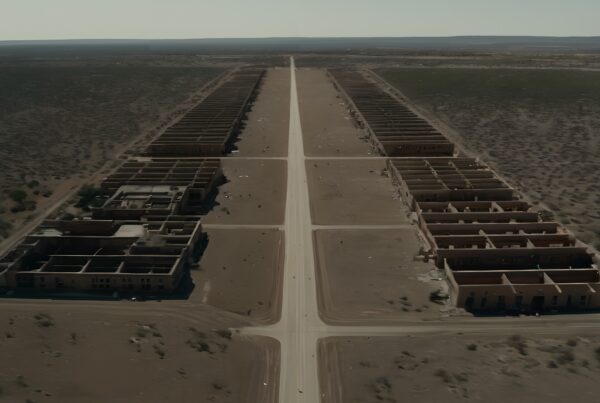 Aerial view of deserted structures in a barren desert landscape.
