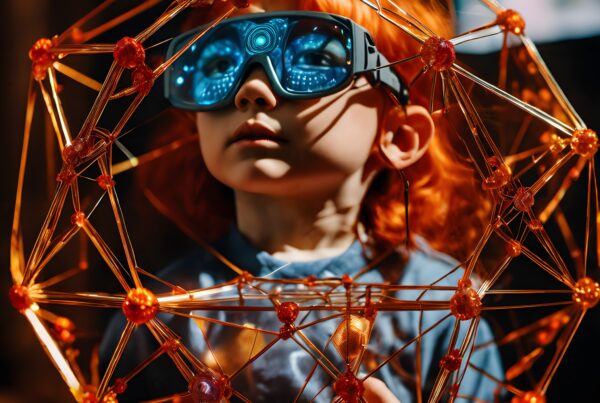 A young child wearing blue AR goggles is captivated by an orange geometric structure, highlighting themes of technology and exploration.