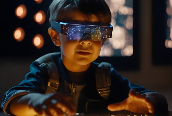 A young child interacts with a futuristic digital panel, wearing high-tech glasses that display starry visuals, in a dimly lit sci-fi setting.