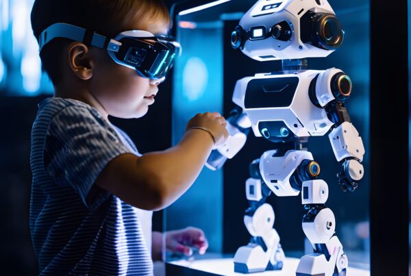 A young child wearing goggles interacts with a futuristic robot inside a display case, illuminated by blue lights.