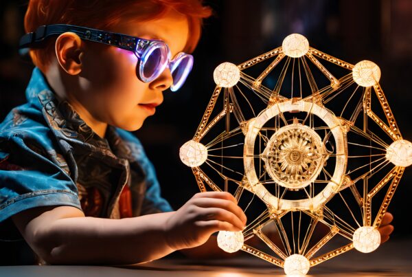 Young child with glowing goggles gazes at illuminated geometric structure on table.