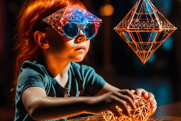 A child in futuristic glasses interacts with glowing geometric shapes in a vibrant, imaginative setting.