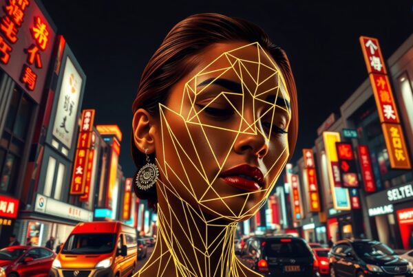 A woman with geometric patterns on her face stands against a neon-lit cityscape.