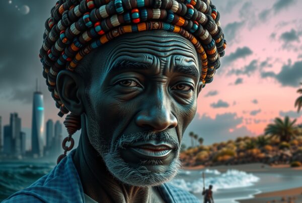 Elderly man with beaded headdress stands before a city skyline at sunset, next to ocean and palm-dotted beach.