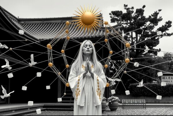 A contemplative woman in a white robe stands in prayer surrounded by geometric patterns and birds outside traditional architecture.