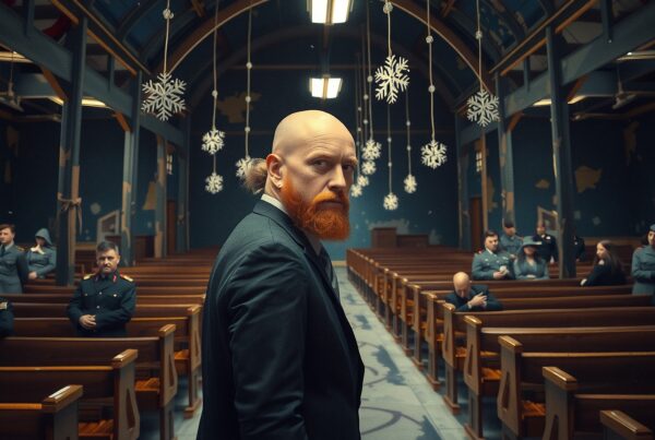 A solemn man with a red beard stands in a decorated church, surrounded by people in the pews.