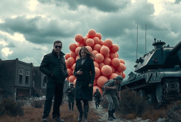 A dramatic scene with orange spheres and military presence amidst desolate ruins.