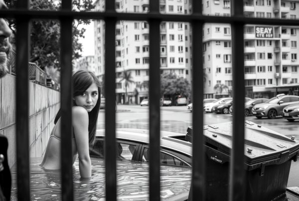 A young woman in a flooded car in urban cityscape, seen through bars.