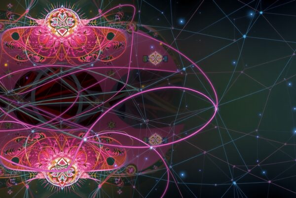 Vibrant abstract digital art with swirling pink lines and fractal elements.