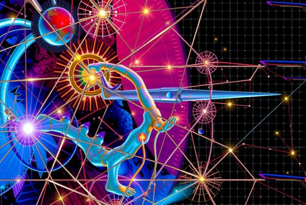 A futuristic digital artwork depicting a cosmic explorer intertwined with geometric shapes and vibrant colors.