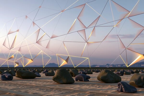 A geometric light structure contrasts a serene landscape with rocks.
