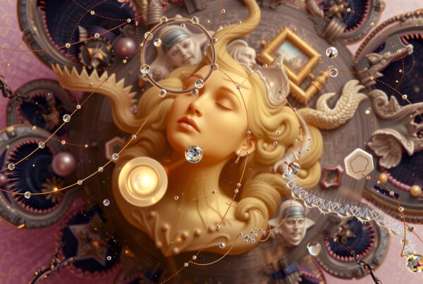 A surreal composition blending mechanical and organic elements, featuring a serene female face surrounded by intricate details and floating droplets.