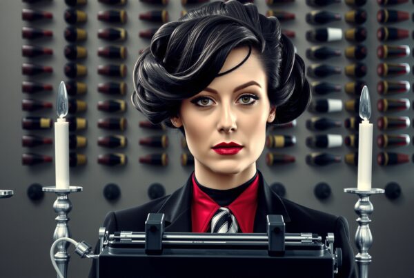 Woman with typewriter and bottles background, red lipstick, vintage retro style.