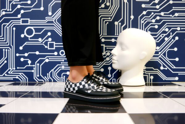 Checkered shoes and mannequin head on a circuit-themed background.