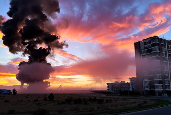 A vibrant sky contrasts with a towering smoke plume as a bus moves past, under an ominous cloud near a building at dawn.