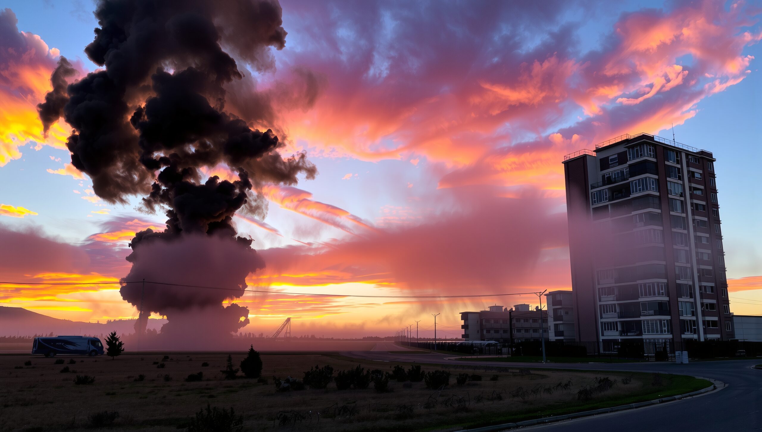 Dramatic Dawn with Rising Smoke