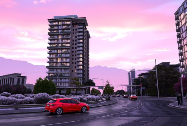 A vibrant city street at sunset with tall buildings and colorful sky.