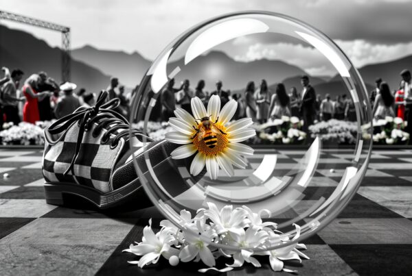 Surreal image of a bee on a daisy within a bubble on a chessboard with a blurred crowd background.