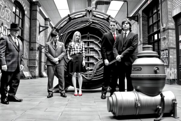 Vintage industrial scene with five formally dressed people standing before a large machine, featuring urban and technological themes.