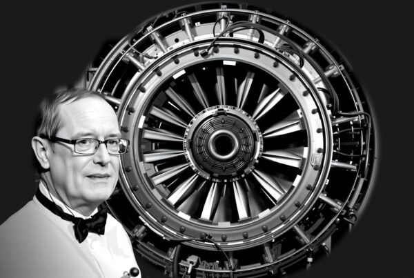 Image of a man with a jet engine background, focusing on engineering complexity and innovation in a classic black and white style.