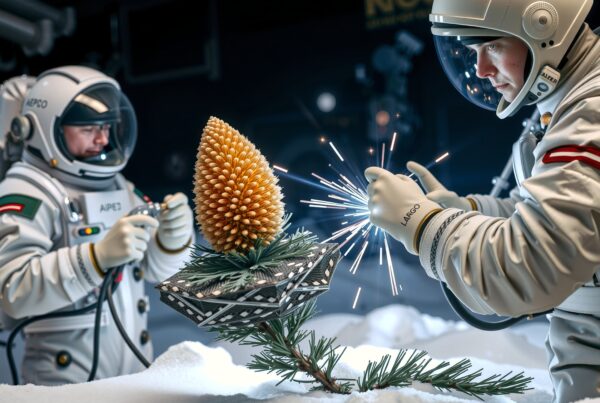 Astronauts decorate tree in space, blending holiday with technology.