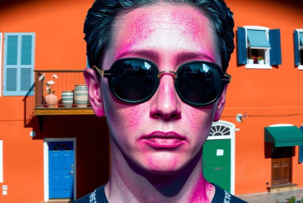 A person with pink skin and sunglasses stands before a bright orange building with blue shutters.