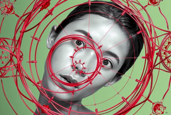 A grayscale woman framed by red mechanical gears on a green background.