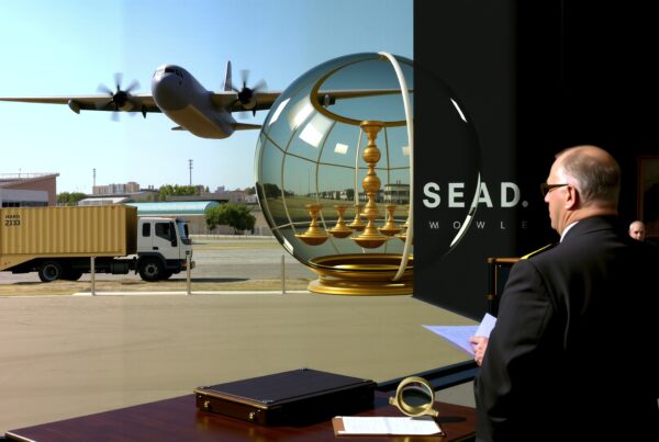 A professional setting with modern aviation, logistics, and symbolic scales.