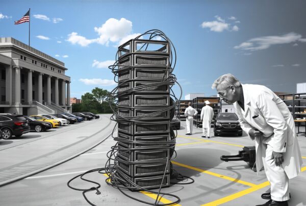 A group of scientists examines tangled server stack in a parking lot near a grand building.