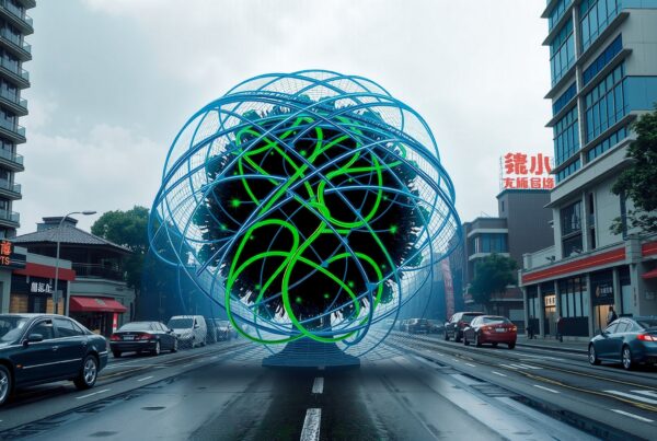 A futuristic spherical art installation in an urban city street with passing cars and modern buildings.