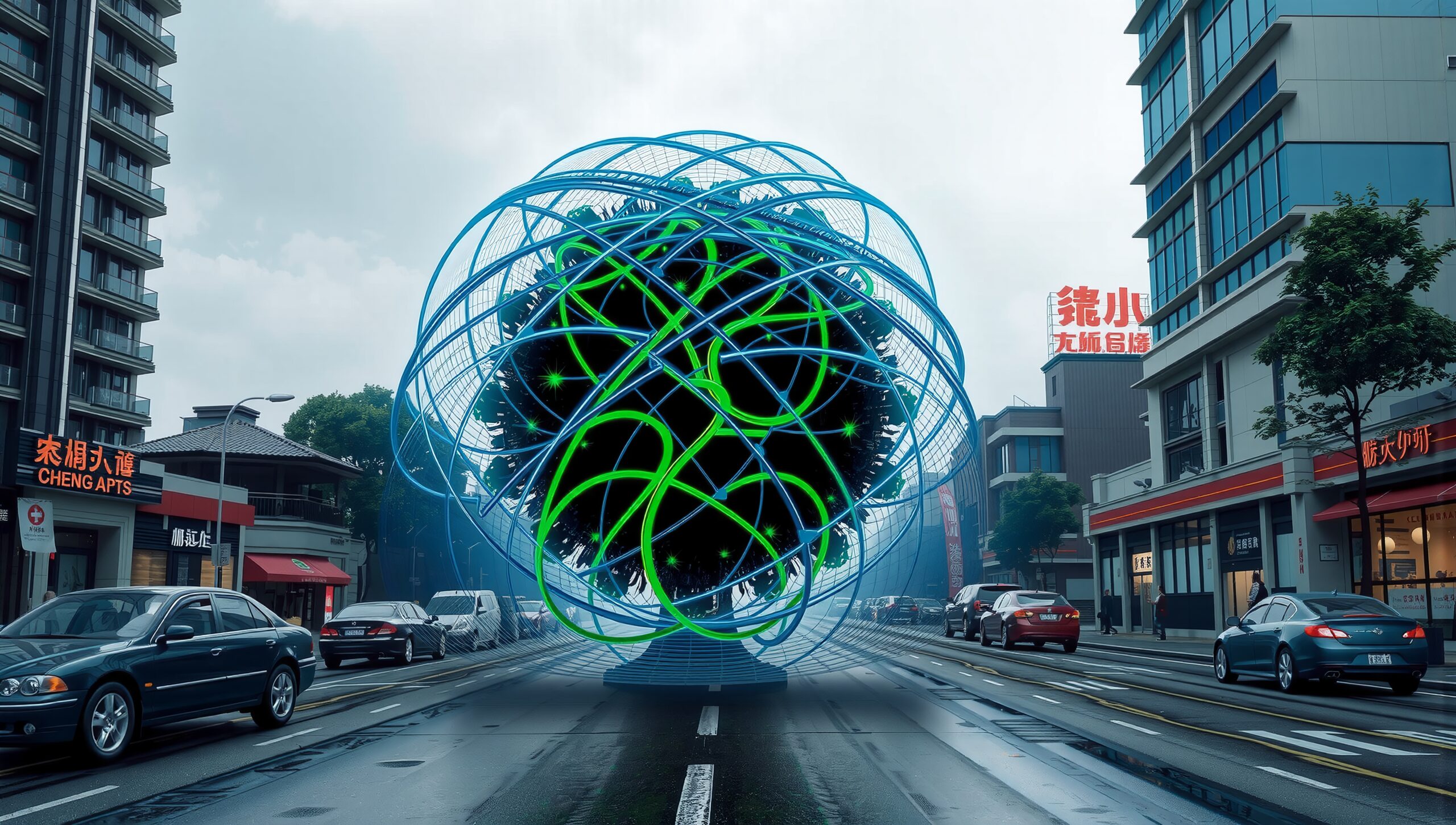 Futuristic Sphere in Busy Cityscape