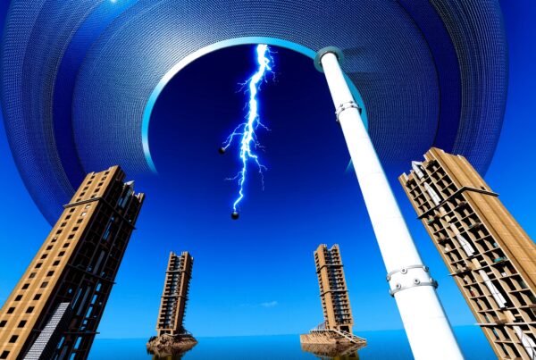 Futuristic skyscrapers under a vast domed sky.