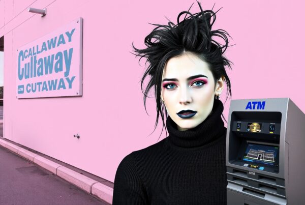 Woman with bold makeup near ATM.