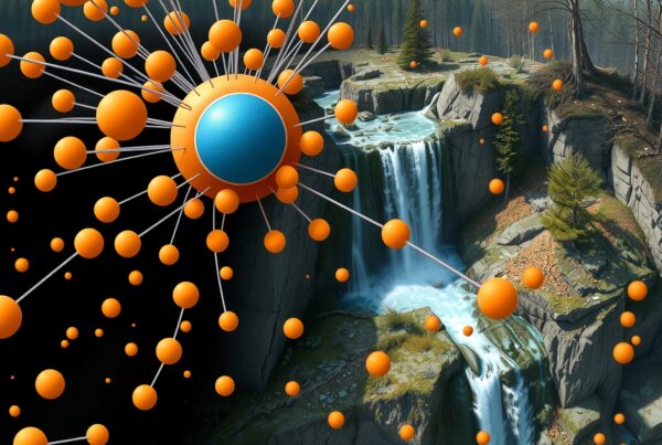 A stunning blend of a cascading waterfall and abstract geometric spheres creates a unique and captivating surreal landscape.