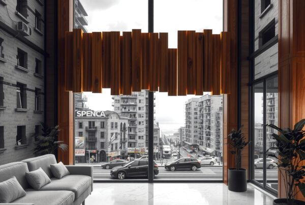 Contemporary interior with city view through large windows.