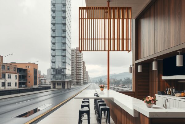 Modern urban cafe with sleek architecture, featuring a minimalist bar setting and an adjacent glass skyscraper.