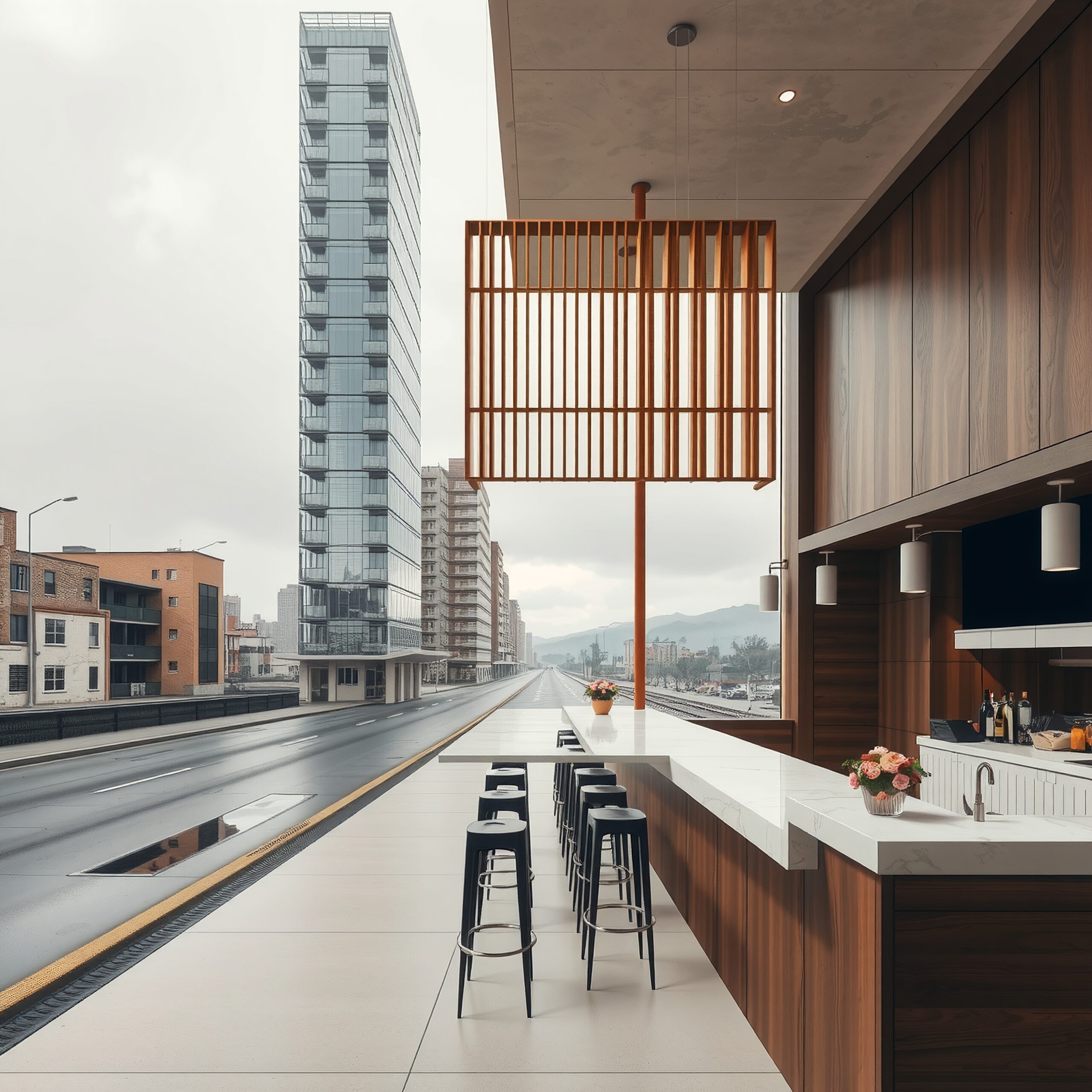 Urban Cafe with Skyscraper View