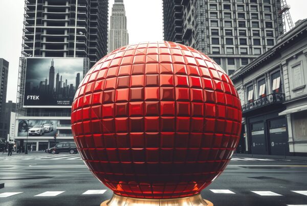 A massive red sphere in a city intersection with skyscrapers.