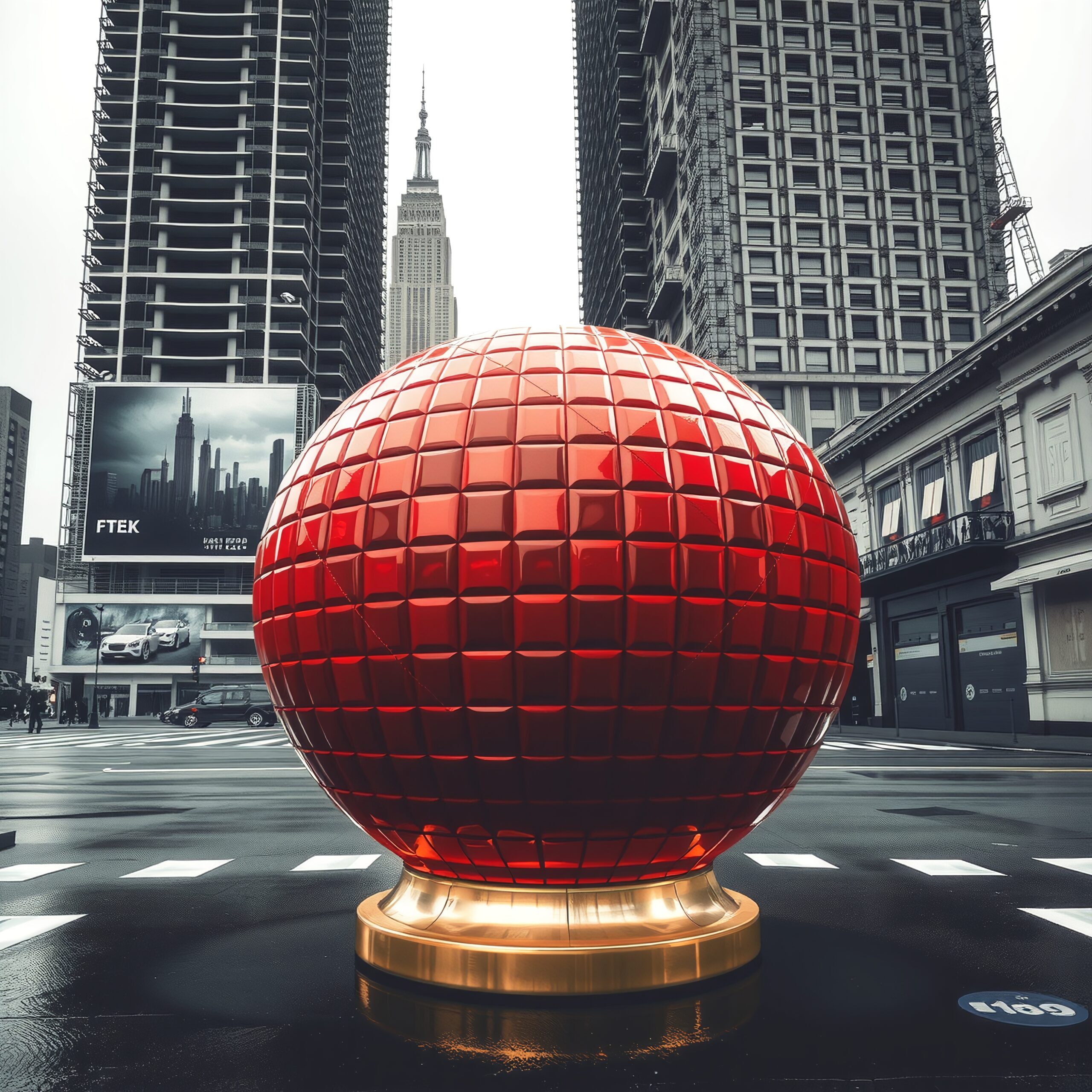 Giant Red Sphere in Cityscape