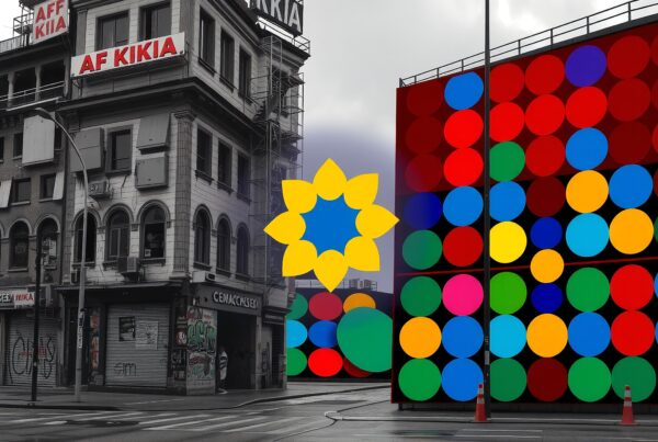 Vibrant cityscape blending art and architecture.