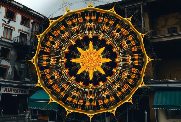 A vibrant golden mandala dominates an urban landscape with intricate patterns and contrasting colors.