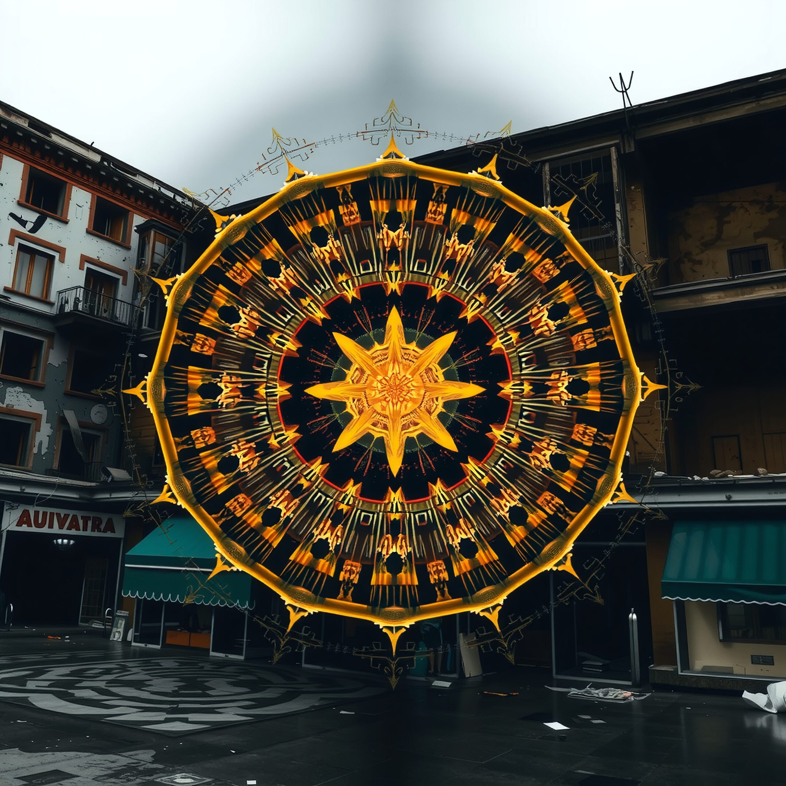 Mandala Illuminates Urban Background