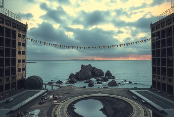 A tranquil rooftop scene with dramatic sky over ocean and distant wind turbines.
