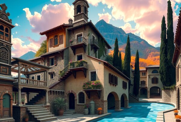 Charming Italian villa with pool, nestled in scenic mountain landscape.