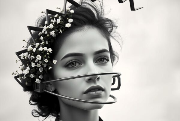 A black-and-white portrait of a woman showcasing a creative headpiece adorned with angular structures and small flowers against a gradient background.