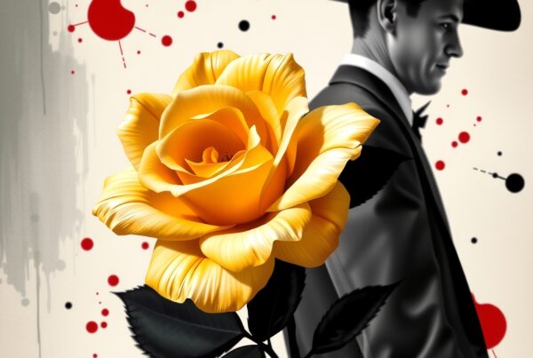 A man in a black suit and hat stands with a large yellow rose in the foreground, set against an abstract splatter background.