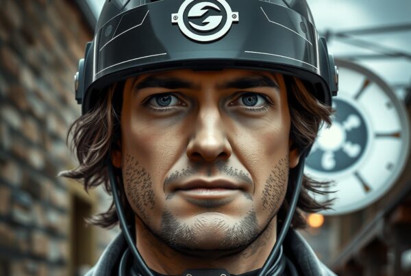 A man wearing a futuristic helmet with a digital display in an industrial setting.