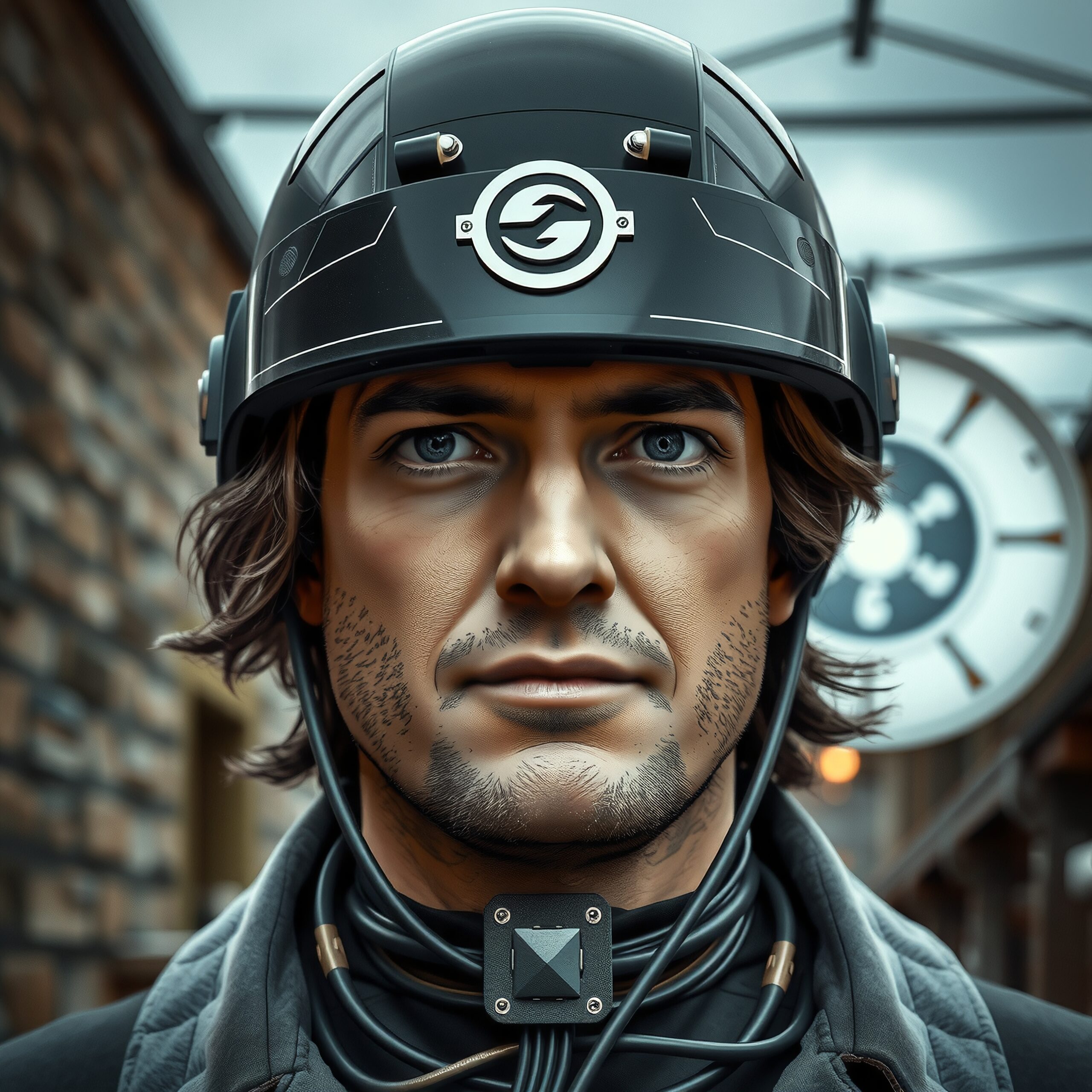 Futuristic Tech-Helmeted Man Portrait